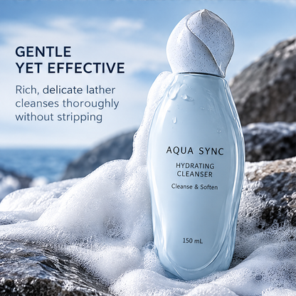 Pale blue Aqua Sync cleanser bottle surrounded by foam, with gentle cleansing and delicate lather text.