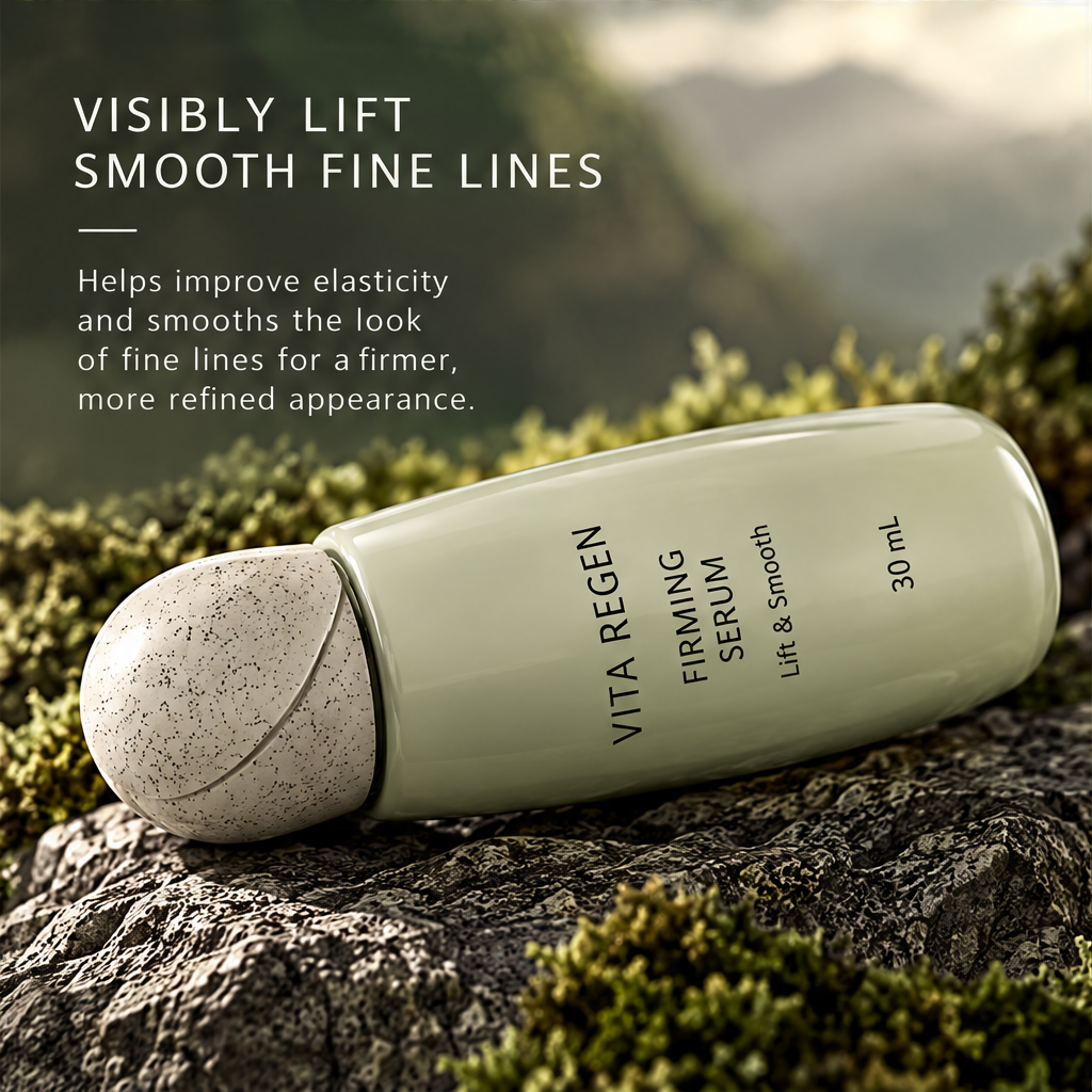 Vita Regen Firming Serum 30 mL resting sideways on rocks beside fine-line smoothing and elasticity text.