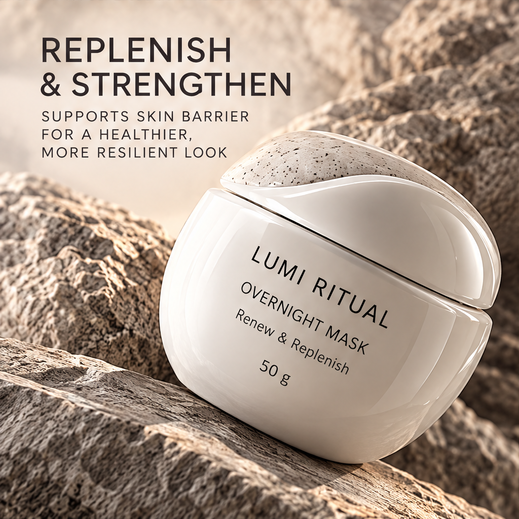 Tilted Lumi Ritual Overnight Mask 50 g jar on rocks beside text about supporting the skin barrier.