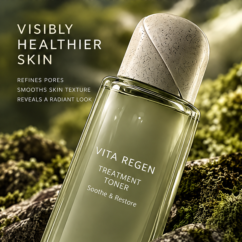 Close-up of the toner's speckled sculpted cap beside pore-refining and smooth skin texture text.