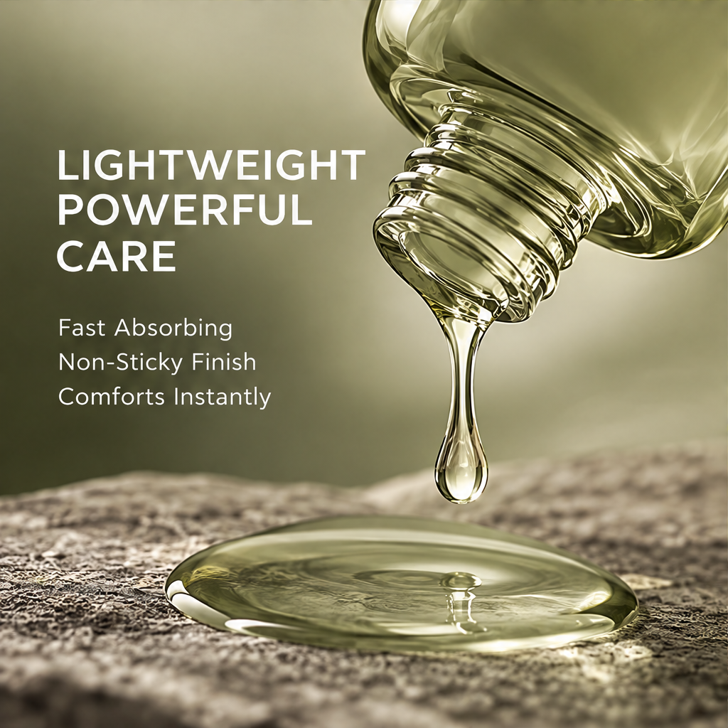 Close-up of essence flowing from an open bottle beside fast absorption and non-sticky finish text.