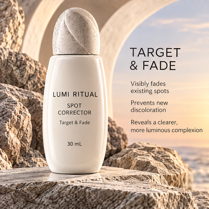 Lumi Ritual Spot Corrector 30 mL on coastal rocks beside target and fade text.