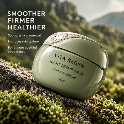 Angled night repair mask jar on mossy rocks with smoother and firmer skin appearance messaging
