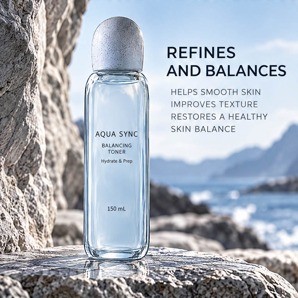 Aqua Sync Balancing Toner 150 mL beside coastal cliffs and text about smoother skin and improved texture.