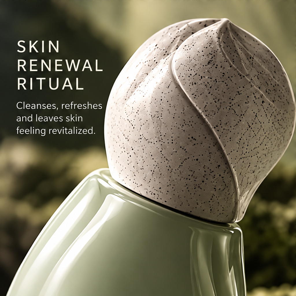 Close-up of the cleanser's leaf-shaped speckled cap beside skin renewal ritual text.