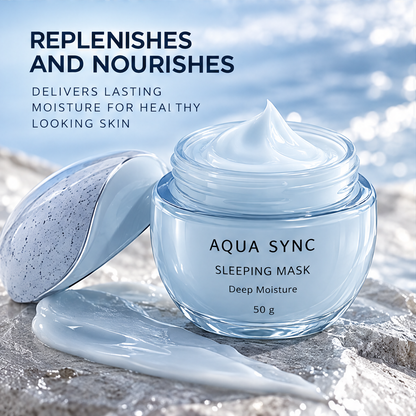 Open Aqua Sync Sleeping Mask 50 g jar showing white cream, with its lid and a cream swatch alongside.