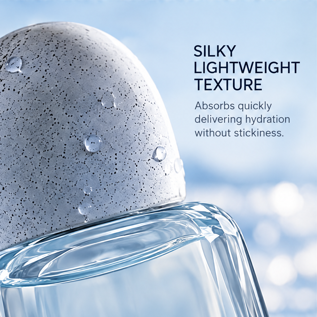 Close-up of the speckled rounded cap and clear bottle beside silky, lightweight texture text.