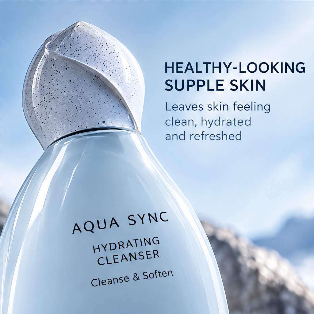 Close-up of Aqua Sync cleanser bottle and speckled sculpted cap beside text about hydrated, supple skin.