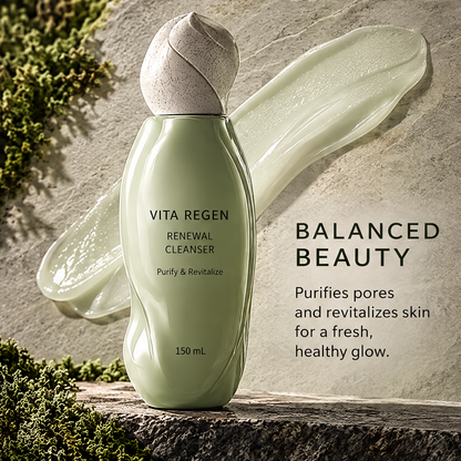 Vita Regen Renewal Cleanser beside a pale green product swatch and balanced beauty text.