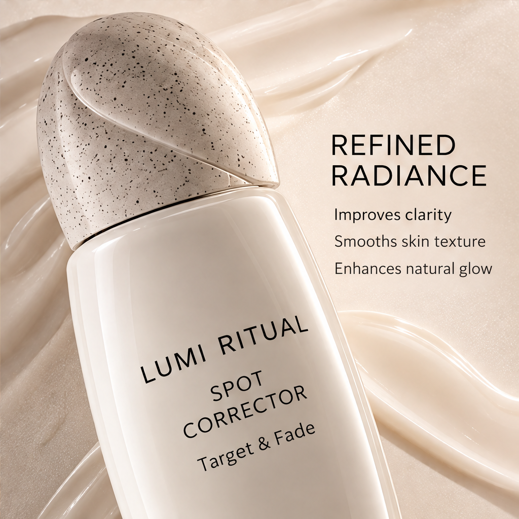 Close-up of Lumi Ritual Spot Corrector and its speckled cap against cream swirls beside refined radiance text.