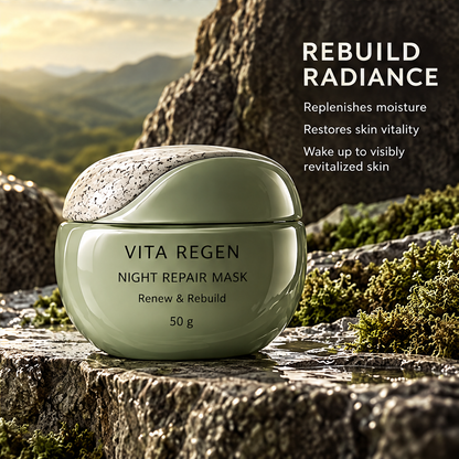 Night repair mask 50 g on a stone ledge with moisture and radiance messaging
