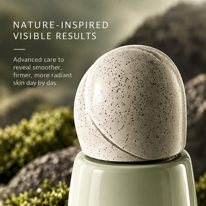Close-up of the serum's rounded speckled cap beside text about smoother, firmer and radiant-looking skin.