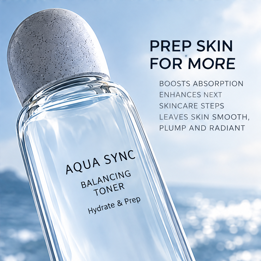 Close-up of Aqua Sync Balancing Toner bottle and rounded speckled cap beside skincare preparation text.
