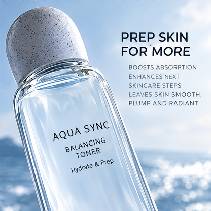 Close-up of Aqua Sync Balancing Toner bottle and rounded speckled cap beside skincare preparation text.