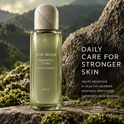 Vita Regen Treatment Toner 150 mL beside daily barrier care text on a moss-covered stone ledge.