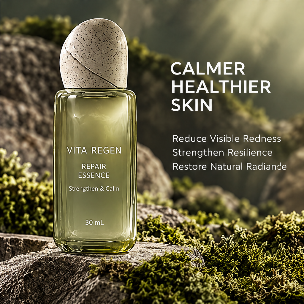 Vita Regen Repair Essence 30 mL on moss-covered rocks beside text about visible redness and natural radiance.