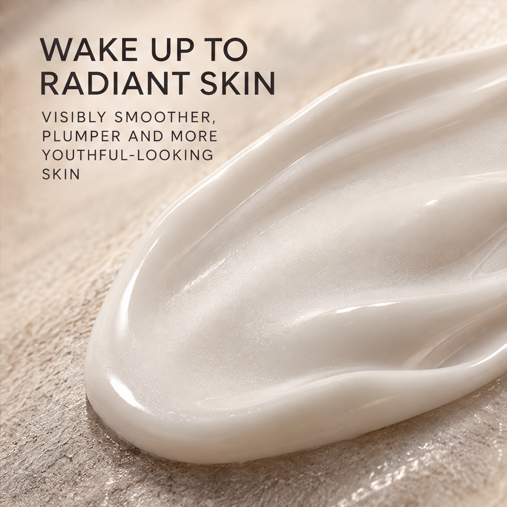 White mask cream swatch on a beige surface beside text about smoother, plumper-looking skin.