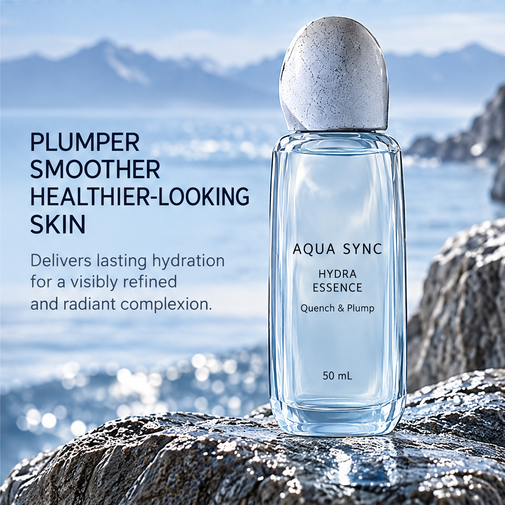 Aqua Sync Hydra Essence 50 mL on coastal rocks beside text about plumper, smoother-looking skin.