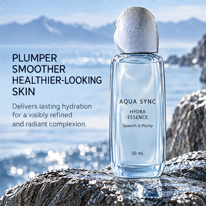 Aqua Sync Hydra Essence 50 mL on coastal rocks beside text about plumper, smoother-looking skin.